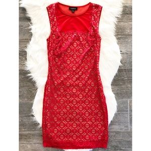BEBE Red Lace Sheer Bodycon Mini Dress